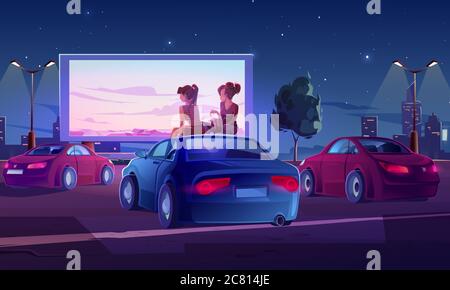 Kino im Freien, Kino mit Drive-in-Kino und Autos auf dem Parkplatz im Freien. Vektor-Cartoon-Illustration der Sommer Nacht Stadt mit Mädchen auf dem Dach des Automobils sitzen und Film auf dem großen Bildschirm Stock Vektor