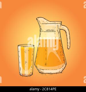 Dekanter und Glas für Milch, Wasser oder Saft. Handgezeichnete Vektorgrafik. Trinken. Stock Vektor