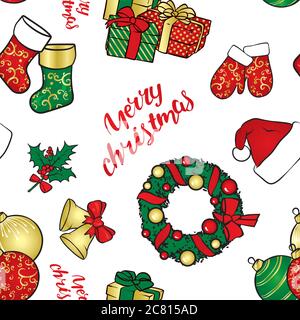 Ein Satz von Weihnachtsobjekten - ein Kranz, Kugeln, Ornamente, Geschenke, Socken, Stiefel, ein Weihnachtsmann Hut, ein Stechpalme, Handschuhe und Glocken mit einer Schleife. Vektor i Stock Vektor