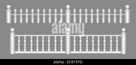 Marmorgeländer, weiße Balkongeländer oder Handläufe. Geländer oder Zaunabschnitte mit dekorativen Säulen. Platten Baluster für Architektur Design isolierte Elemente realistische 3d-Vektor-Illustration Stock Vektor