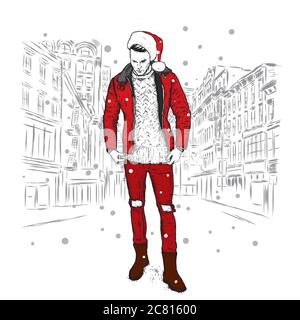 Ein hübscher Kerl mit einem Bart in einem Weihnachtsmannhut. Hipster. Vektor-Illustration für eine Postkarte oder ein Poster, Druck für Kleidung. Neujahr und Weihnachten Stock Vektor