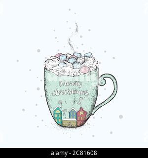 Ein schöner Neujahrsbecher mit einer Winterstadt. Schöne Häuser und eine Tasse mit Kakao und Marshmallows. Neujahr und Weihnachten. Vektorgrafik für Stock Vektor