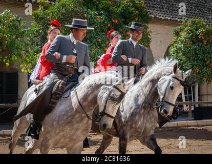 Männer und Frauen zu Pferd. Vier Reiter in traditioneller spanischer Tracht teilen sich zwei Pferde bei einer Reitvorführung im königlichen Stall Córdoba Stockfoto
