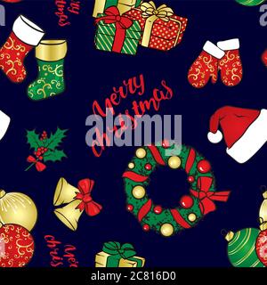 Ein Satz von Weihnachtsobjekten - ein Kranz, Kugeln, Ornamente, Geschenke, Socken, Stiefel, ein Weihnachtsmann Hut, ein Stechpalme, Handschuhe und Glocken mit einer Schleife. Vektor i Stock Vektor