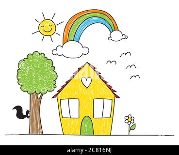 Süße Kinder- zeichnung Stil Haus, Baum, Blumen Regenbogen und der Sonne. Stockfoto