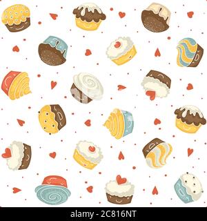 Nahtlose Muster mit lächelnden kawaii Stil Muffins auf weißem Hintergrund mit roten Herzen und Punkte Stockfoto