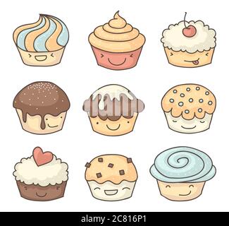 Lächelnd Muffins oder Cupcakes kindisch Zeichnungen Sammlung. Mit jeweils unterschiedlichen Gesichtsausdruck. Stockfoto