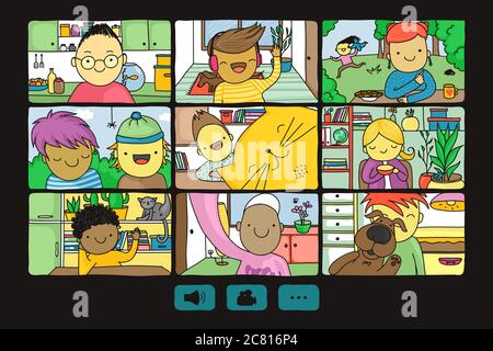 Nette Karikatur des Bildschirms mit Online-Treffen von Arbeitskollegen, oder Chat zwischen Freunden in Isolation oder Quarantäne. Stockfoto