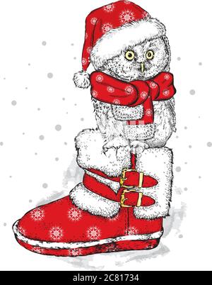 Schöne Eule trägt einen Schal. Vogel auf einem Zweig Weihnachtsschmuck. Vektorgrafik. Neujahr und Weihnachten. Stock Vektor