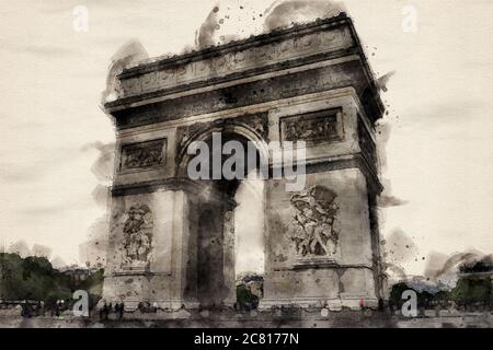 Paris Arc de Triomphe in Aquarell. Stockfoto