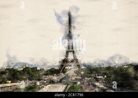 Paris Eiffelturm Landschaft in Aquarellen ausgedrückt. Stockfoto