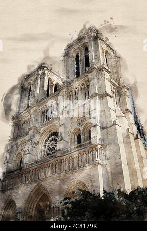 Kathedrale Notre Dame in Aquarell. Stockfoto