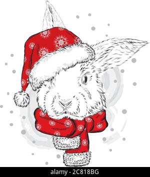 Lustige Kaninchen in Weihnachtshut. Vektorgrafik. Weihnachten und Neujahr. Stock Vektor