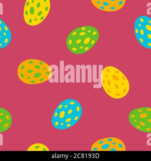 Nahtloses Muster mit bunten Eiern auf rotem Hintergrund. Vektorgrafik mit flachem Stil Stock Vektor