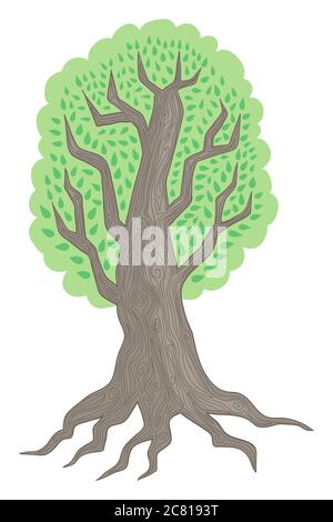 Handgezeichnete Vektorgrafik mit einem großen alten Baum Stockfoto