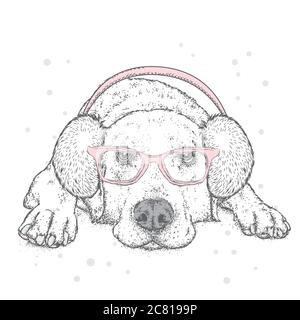 Niedlicher Welpe in Ohrenschützer und Schal. Vektorgrafik für eine Karte oder ein Poster. Drucken auf der Kleidung. Schöner Hund. Neujahr und Weihnachten. Winter. Warm Stock Vektor