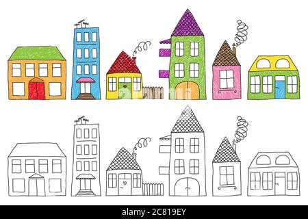 Einstellen der naiven kindlichen Zeichnung der verschiedenen Häuser, farbige unvollkommen oder gar nicht gefärbt. Stockfoto