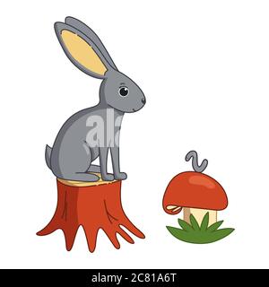 Süßes Häschen am Stumpf und Wurm am Pilz. Vektorgrafik im Cartoon-Stil Stock Vektor