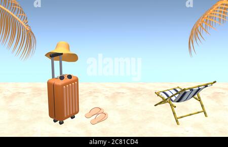Orangefarbener Koffer mit Hut, Sonnenbrille, Pantoffel mit Palmenblättern und Strandstuhl am Strand. Blauer Himmel Hintergrund im Sommer. Reise Urlaub c Stockfoto