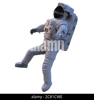 astronaut, der einen Spacewalk durchführt, isoliert auf weißem Hintergrund Stockfoto
