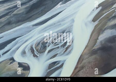 Luftaufnahme über den Holsa Fluss in Südisland von einem kleinen Flugzeug Stockfoto