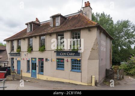 Das Coy Carp Pub und Restaurant, das zwischen dem Grand Union Canal und dem River Colne, Harefield, Middlesex, England, Großbritannien, liegt Stockfoto