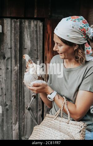 Eine Gastgeberin kümmert sich um die neu geborenen gelben Hühner in ihrem Hof. Kleine Farm und Streichelzoo Konzept Stockfoto