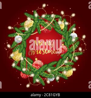Weihnachtskranz mit Kugeln. Vektorgrafik für eine Karte oder ein Poster. Herzlichen Glückwunsch. Neujahr und Weihnachten. Stock Vektor