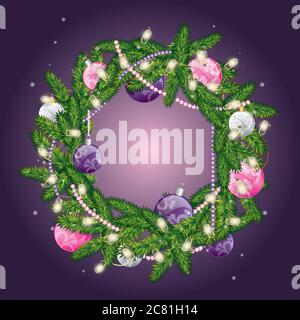 Weihnachtskranz mit Kugeln. Vektorgrafik für eine Karte oder ein Poster. Herzlichen Glückwunsch. Neujahr und Weihnachten. Stock Vektor