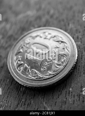 POSEN, POLEN - 03. Jul 2020: Polnische zehn grosze Münze auf einer Holzfläche Stockfoto