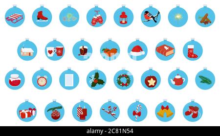 Set von Neujahr-Icons in einem blauen Weihnachtsball. Cartoon Neujahr Illustrationen Stock Vektor
