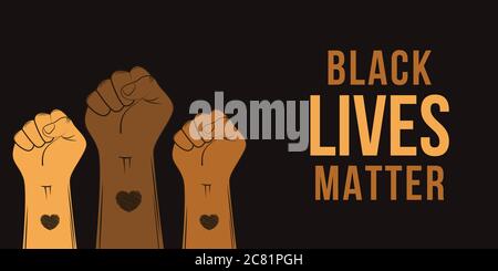 Cartoon-Banner für Black Lives Matter Protest in den USA. Stoppen Sie die Gewalt gegen schwarze Menschen. Faust-Symbol mit Herz auf dunklem Hintergrund. Handzeichnen. Vektor-Int. Stock Vektor