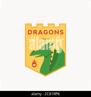 Drachen Medeival Sport Team Emblem. Abstraktes Vektorzeichen, Symbol oder Logo-Vorlage. Mythischer Reptil in einem Schild mit Retro-Typografie. Stock Vektor