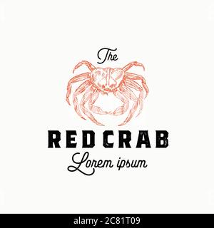 Die Rote Krabbe abstrakte Vektor-Zeichen, Symbol oder Logo-Vorlage. Handgezeichnete Krabbenschillhouette mit Retro-Typografie. Vintage-Emblem oder Stempel. Stock Vektor