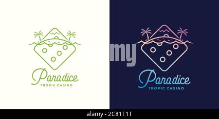 Paradice Tropic Casino Vektor-Etikett, Emblem oder Logo-Vorlage. Gambling Dice Incorporated in Line Style Tropic Island Illustration. Abstraktes Konzept Stock Vektor