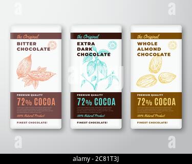 Das Original Finest Chocolate Abstract Vektor Verpackung Design Label. Moderne Typografie und handgezeichneter Kakaobausch mit Blättern und Bohnen und Mandel Stock Vektor