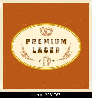 Premium Lager Abstract Vector Bier Zeichen, Symbol oder Label-Vorlage. Handgezeichneter Retro-Bierbecher, Weizen und Pretzel mit klassischer Typografie. Vintage Bier Stock Vektor