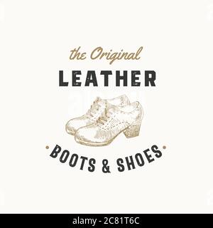 Original Lederstiefel Retro Vektor-Zeichen, Symbol oder Logo Vorlage. Frauen Schuh Illustration und Vintage Typografie Emblem. Stock Vektor