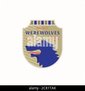 Werwölfe Medeival Sports Team Emblem. Abstraktes Vektorzeichen, Symbol oder Logo-Vorlage. Angry Wolf Head in a Shield mit Vintage Typografie. Stock Vektor