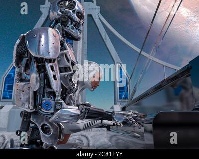 Nahaufnahme eines Roboters und einer Frau, die Klavier spielt mit einem großen Planeten Hintergrund - 3d-Rendering Stockfoto