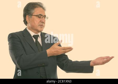 Studio shot der Persischen Geschäftsmann etwas angezeigt Stockfoto