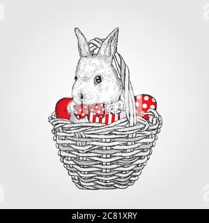 Niedliches süßes Häschen in einem Korb mit Ostereiern. Vektorgrafik. Frühlingsurlaub. Stock Vektor