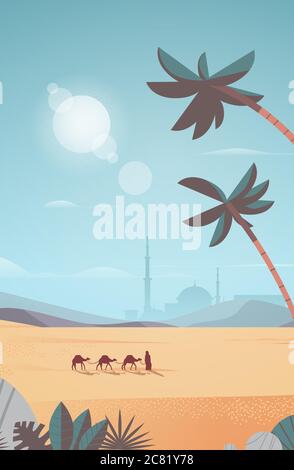 Karawane von Kamelen durch Wüste eid mubarak Grußkarte ramadan kareem Vorlage arabisch Landschaft vertikal voller Länge Vektor-Illustration Stock Vektor