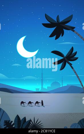 Karawane von Kamelen durch Nacht Wüste eid mubarak Grußkarte ramadan kareem Vorlage arabisch Landschaft vertikale volle Länge Vektor-Illustration Stock Vektor