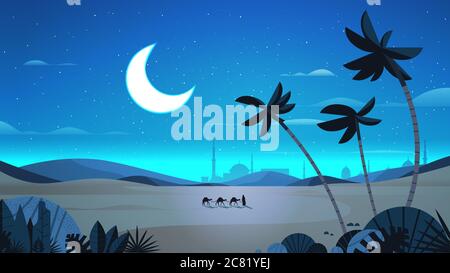 Karawane von Kamelen durch Nacht Wüste eid mubarak Grußkarte ramadan kareem Vorlage arabisch Landschaft horizontale volle Länge Vektor-Illustration Stock Vektor