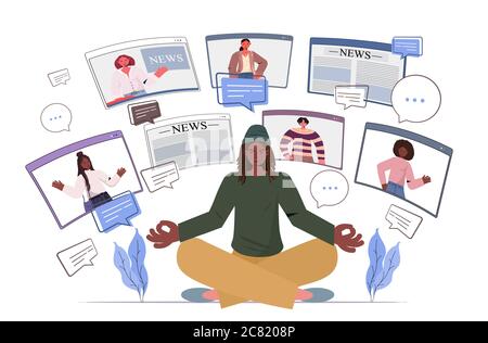 afroamerikanischer Mann sitzend Lotus Pose tägliche Nachrichten mit Freunden in Web-Browser-Fenster diskutieren Chat Blase Kommunikation Konzept Menschen mit virtuellen Konferenz horizontale Vektor Illustration Stock Vektor