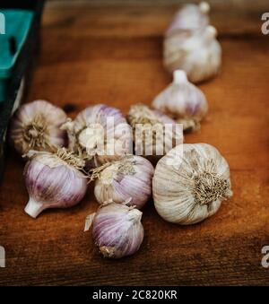 Knoblauch zum Verkauf auf einem Bauernmarkt Stockfoto