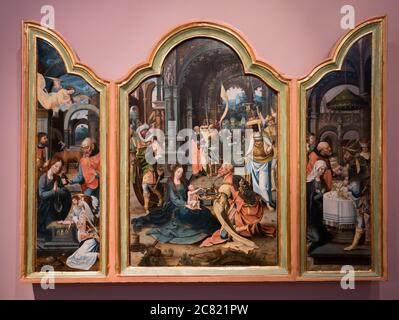 tríptico de la Epifanía, Nacimiento y Presentación (Villamaderne). Museo Diocesano de Arte Sacro. Catedral de María Inmaculada (Catedral Nueva). Vitor Stockfoto