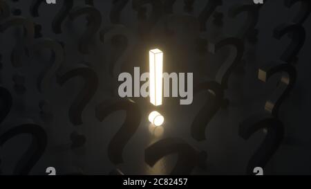 Fragezeichen und Ausrufezeichen in der Mitte in isometrisch isoliert auf dunklem Hintergrund. Idee oder Problem, Antwort, FAQ Konzept. 3D-Rendering Stockfoto