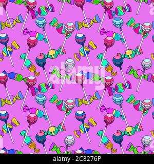 Bonbons, Vintage Doodle bunte Illustration Stil, handgezeichnete Doodle, nahtlose Muster-Design auf lila Hintergrund Stockfoto